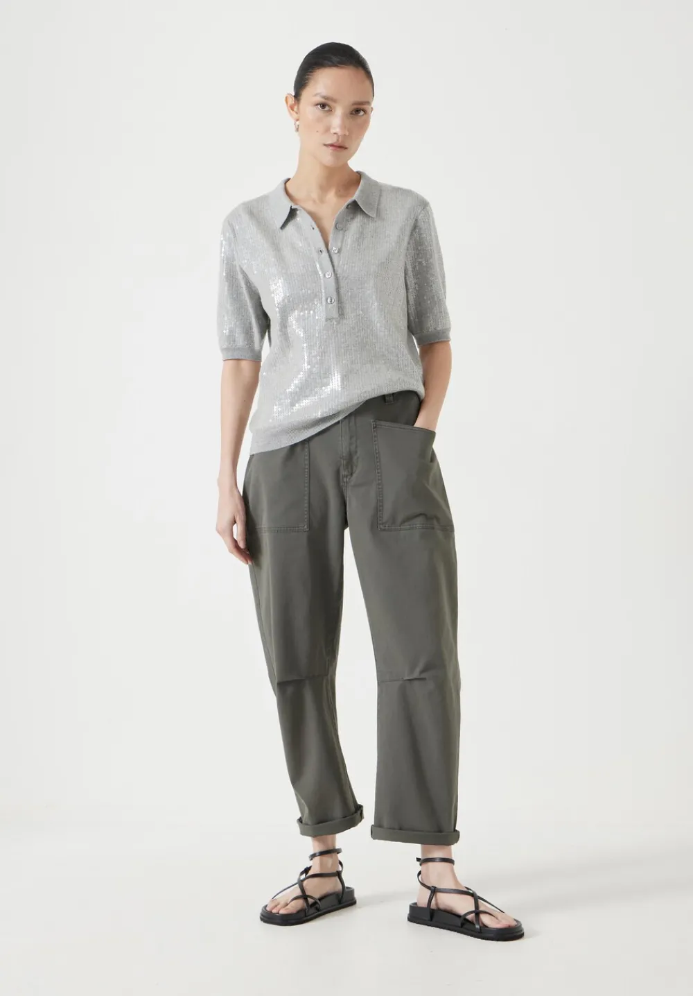 hush Trousers|Cordi Barrel Leg Cotton Trousers Dark Khaki Green