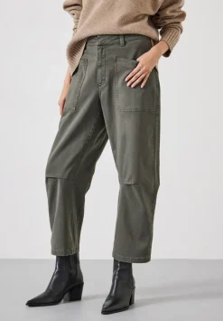 hush Trousers|Cordi Barrel Leg Cotton Trousers Dark Khaki Green