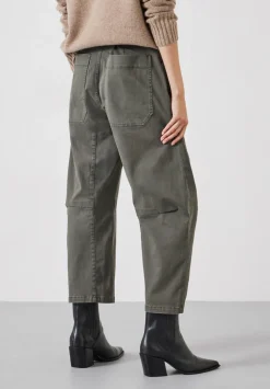 hush Trousers|Cordi Barrel Leg Cotton Trousers Dark Khaki Green