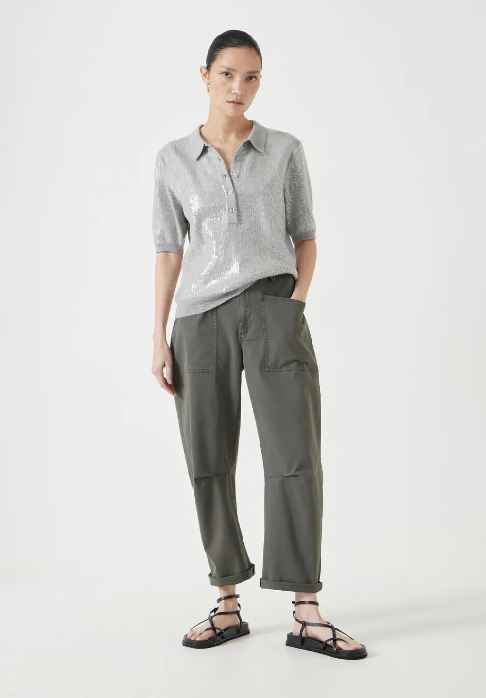 hush Trousers|Cordi Barrel Leg Cotton Trousers Dark Khaki Green