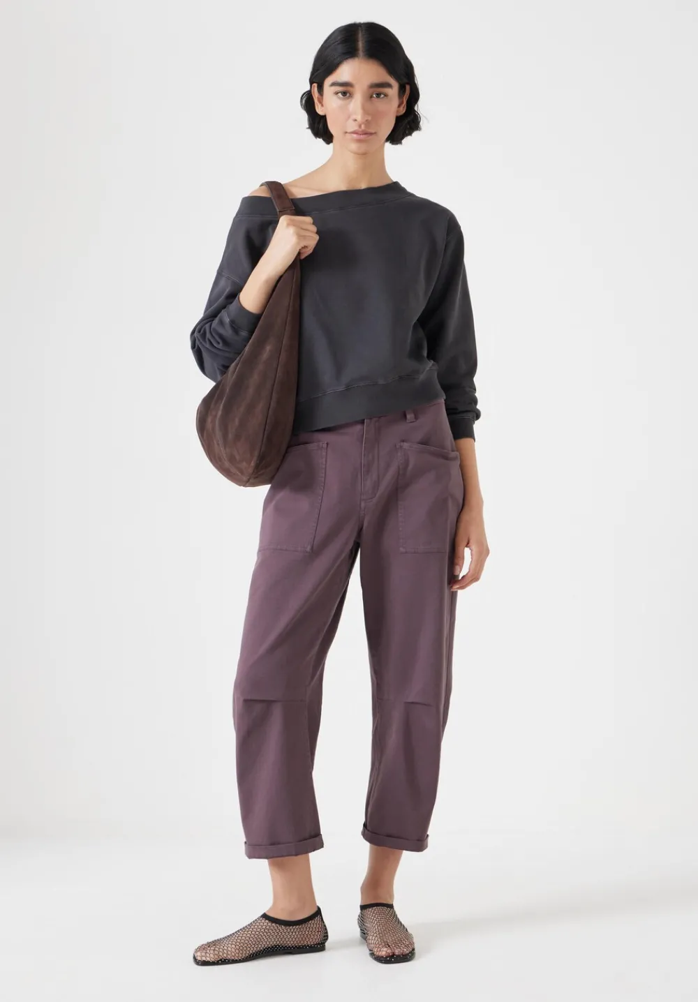 hush Trousers|Cordi Barrel Leg Cotton Trousers Raisin Brown
