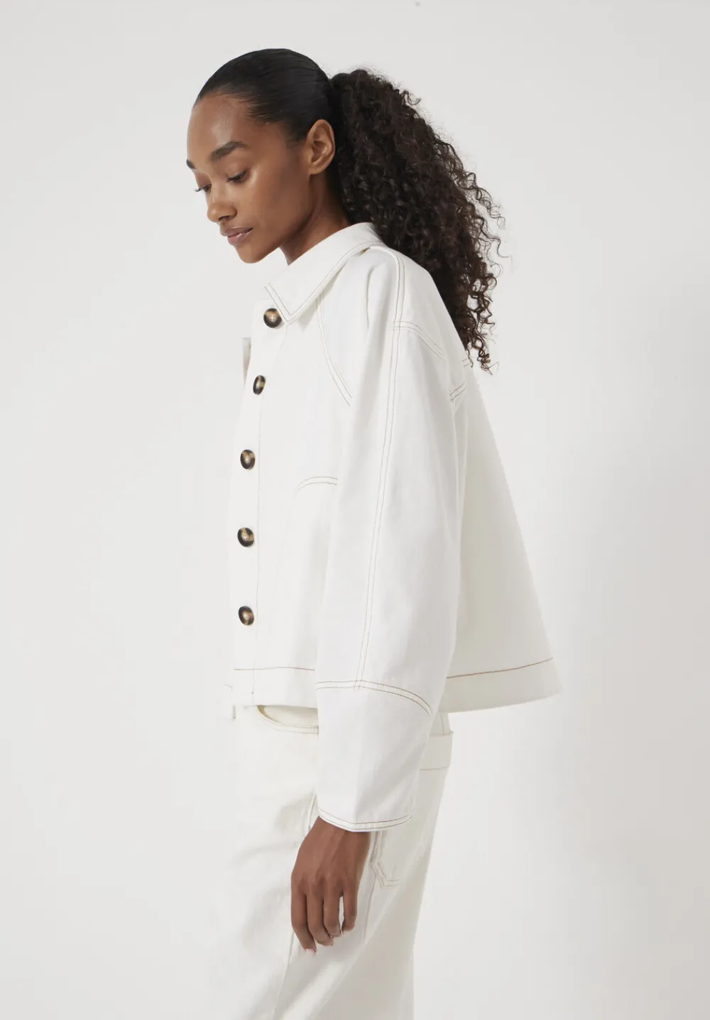 hush Jackets & Coats|Cotton Barrel Sleeve Swing Jacket White