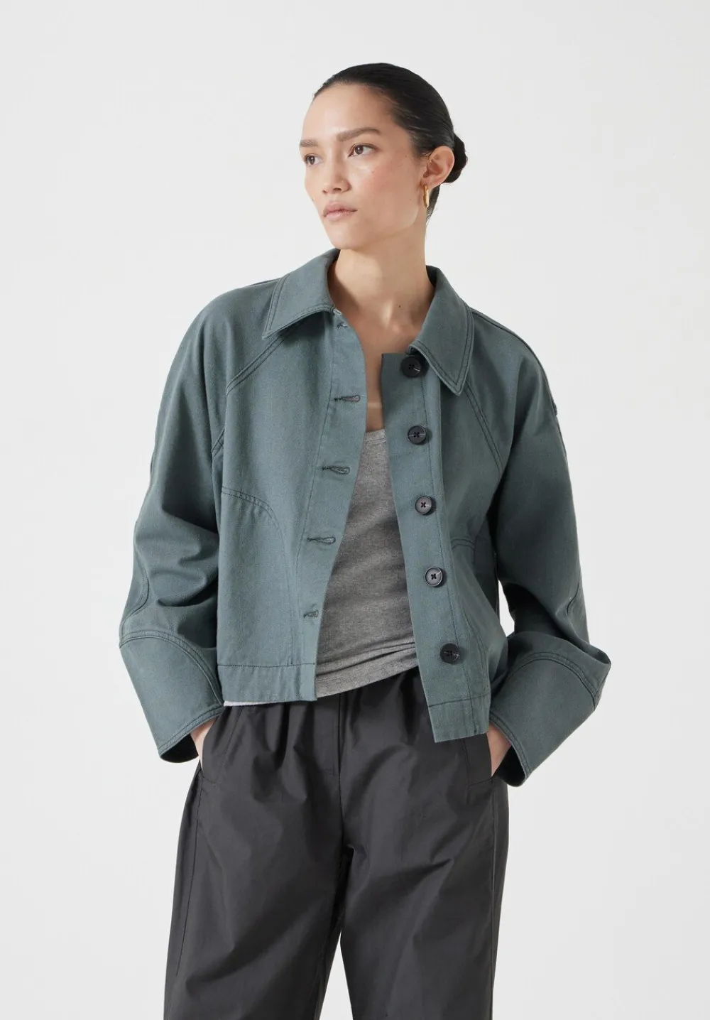 hush Jackets & Coats|Cotton Barrel Sleeve Swing Jacket Sage Green