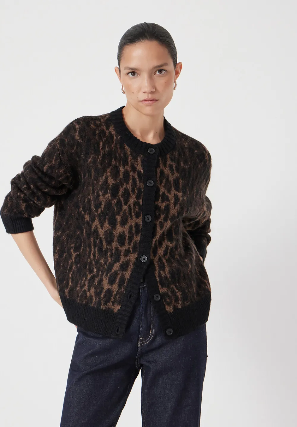 hush Jumpers & Cardigans|Crew Neck Animal Jacquard Cardigan with Mohair Brown Animal