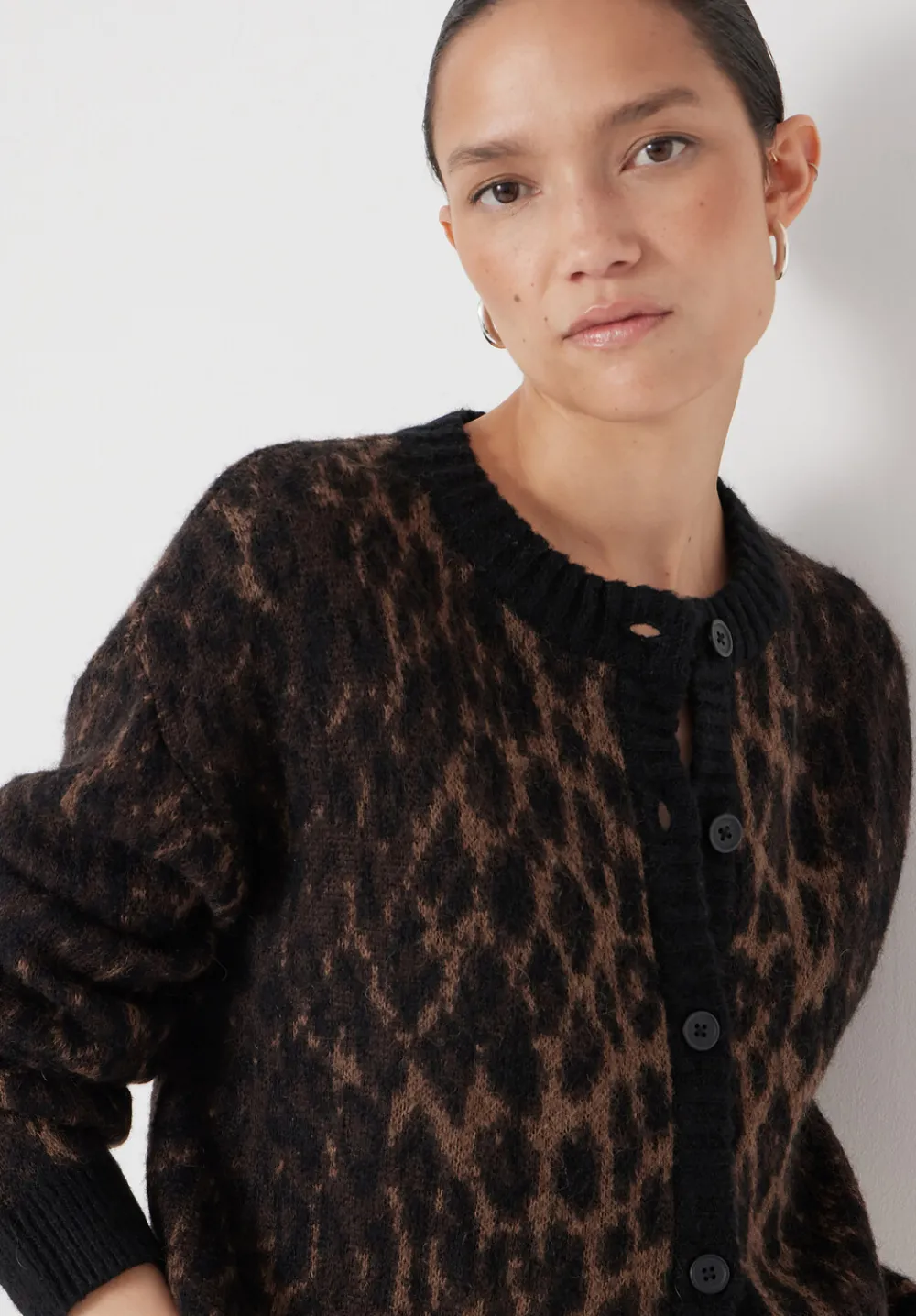 hush Jumpers & Cardigans|Crew Neck Animal Jacquard Cardigan with Mohair Brown Animal