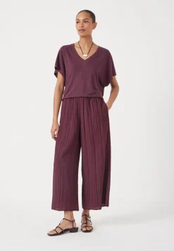 hush Trousers|Crinkle Wide Leg Cropped Trousers Wine Red