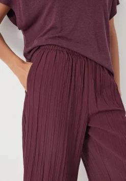 hush Trousers|Crinkle Wide Leg Cropped Trousers Wine Red