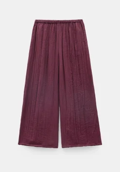 hush Trousers|Crinkle Wide Leg Cropped Trousers Wine Red