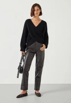 hush Trousers|Crocodile Embossed Leather Trousers Dark Brown