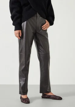 hush Trousers|Crocodile Embossed Leather Trousers Dark Brown