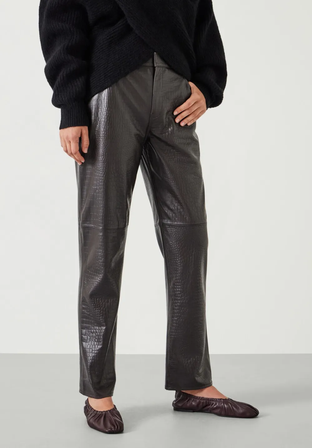 hush Trousers|Crocodile Embossed Leather Trousers Dark Brown