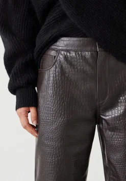 hush Trousers|Crocodile Embossed Leather Trousers Dark Brown