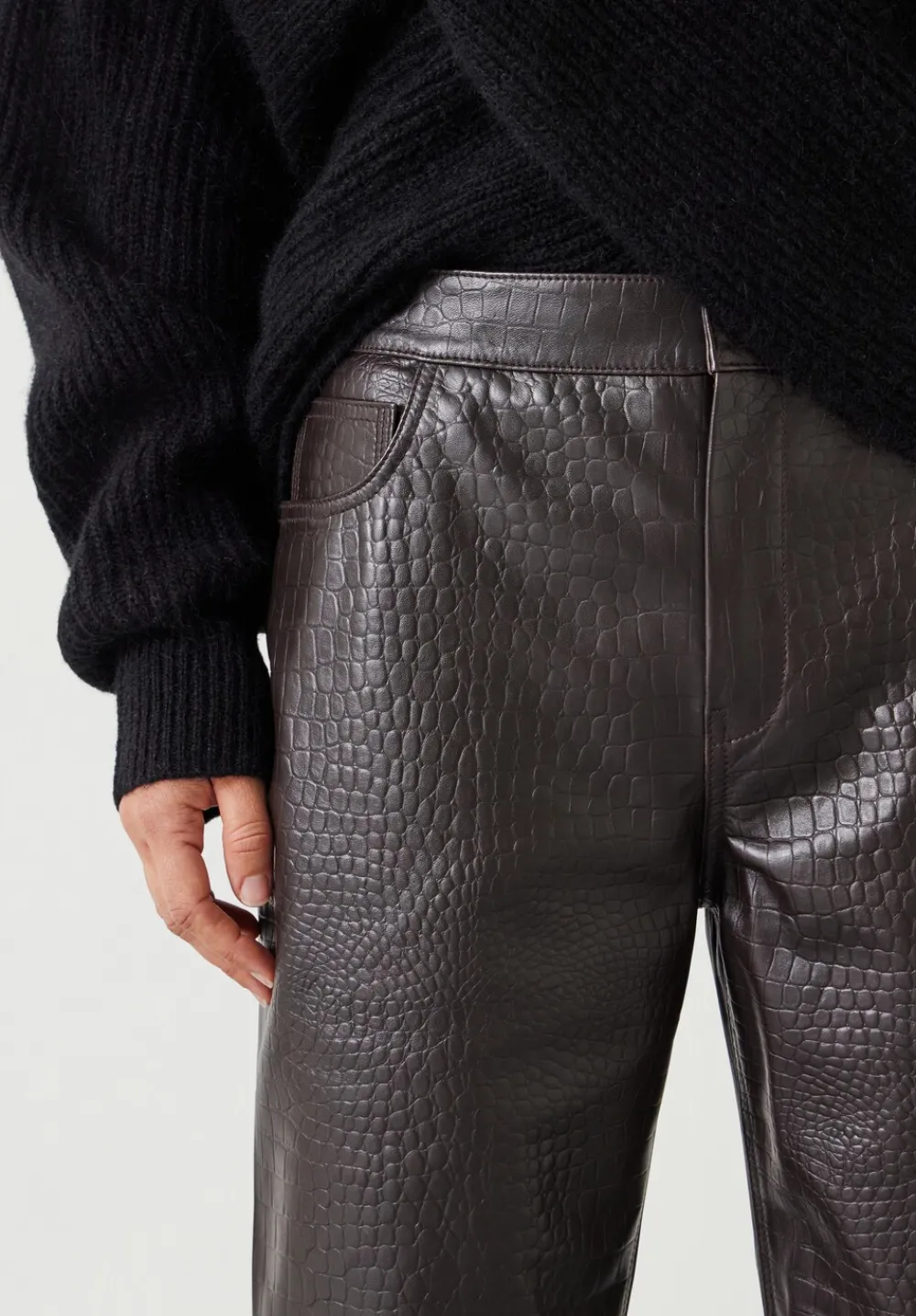 hush Trousers|Crocodile Embossed Leather Trousers Dark Brown