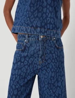 hush Jeans|Cropped Bree Horseshoe Barrel Leg Jeans Laser Leopard Print Mid Blue