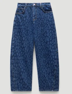 hush Jeans|Cropped Bree Horseshoe Barrel Leg Jeans Laser Leopard Print Mid Blue