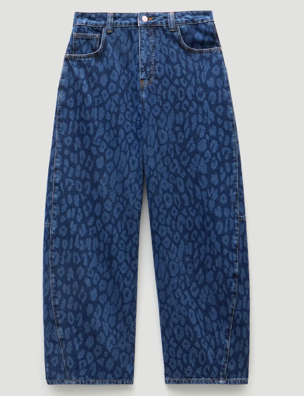 hush Jeans|Cropped Bree Horseshoe Barrel Leg Jeans Laser Leopard Print Mid Blue