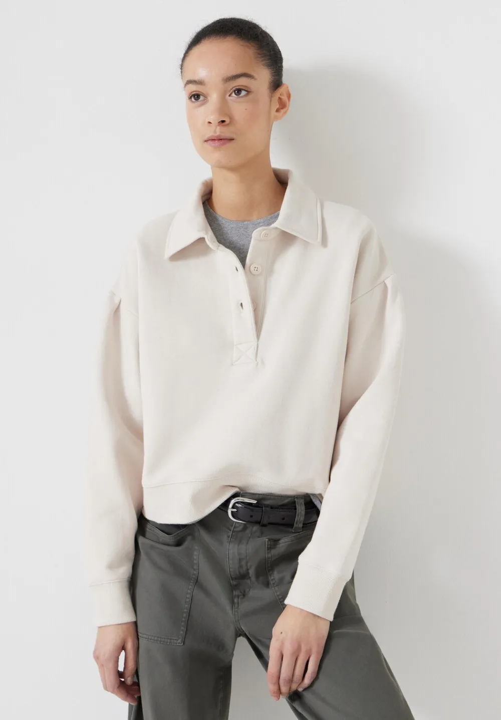 hush Sweatshirts & Hoodies|Cropped Polo Sweatshirt Stone White