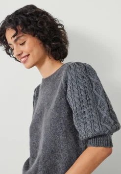 hush Tops & T-Shirts|Demi Puff Cable Sleeve Knitted Top Mid Grey Marl