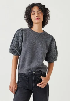 hush Tops & T-Shirts|Demi Puff Cable Sleeve Knitted Top Mid Grey Marl