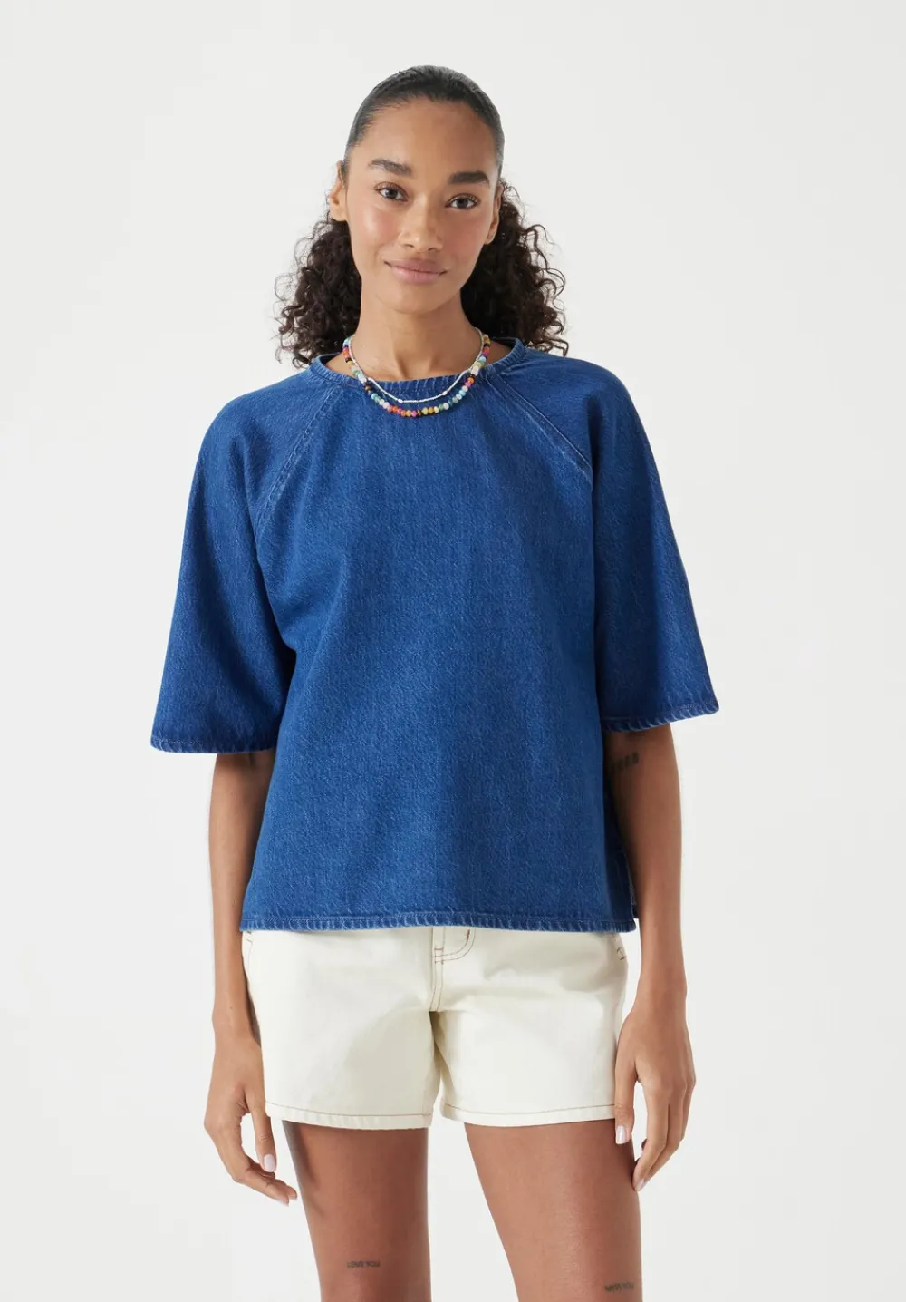 hush Tops & T-Shirts|Denim Raglan Tee Denim Blue