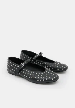 hush Flats|Diamante Studded Leather Mary Jane Flats Black