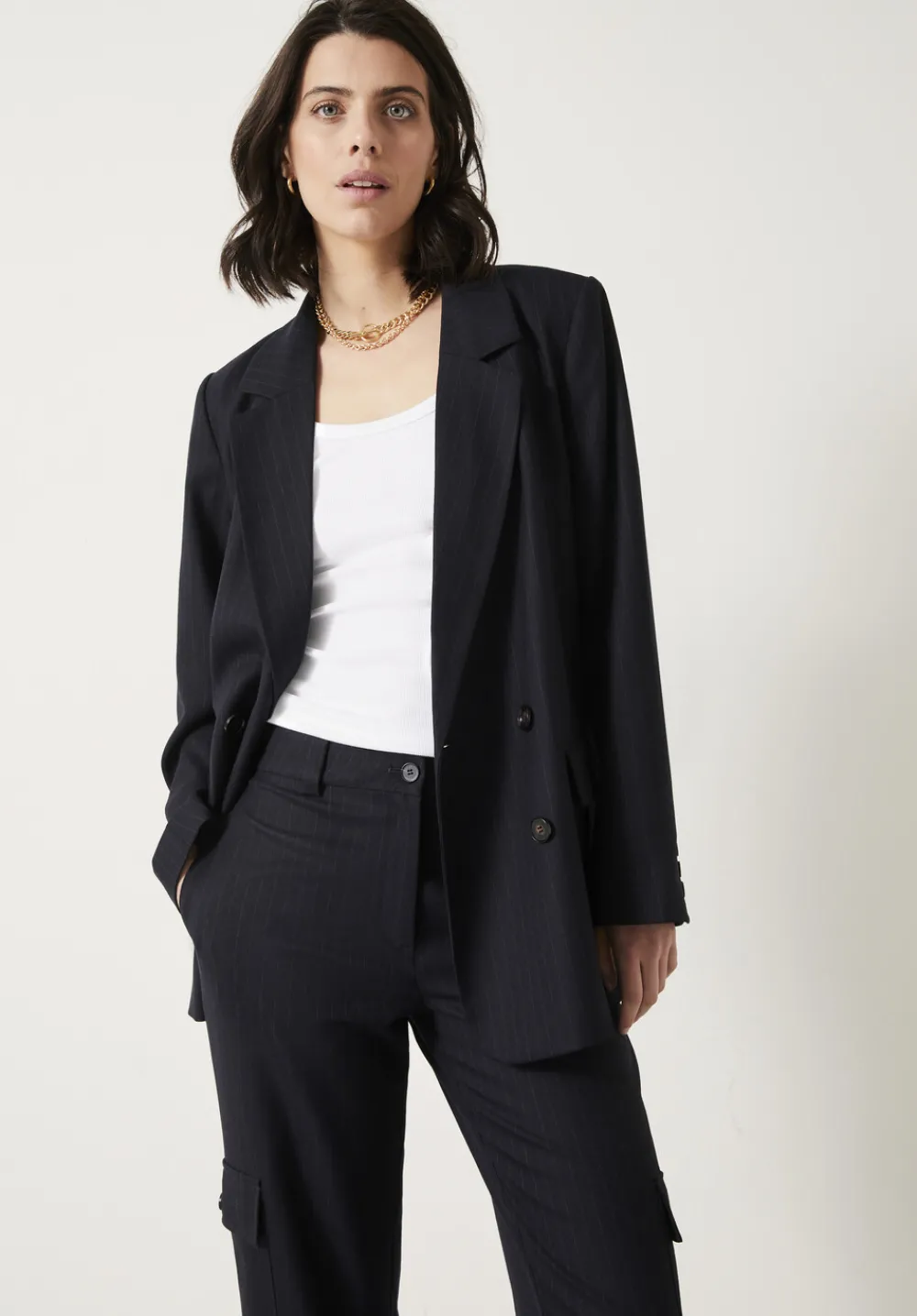 hush Jackets & Coats|Double Breasted Pinstripe Wool Blend Blazer Midnight Navy