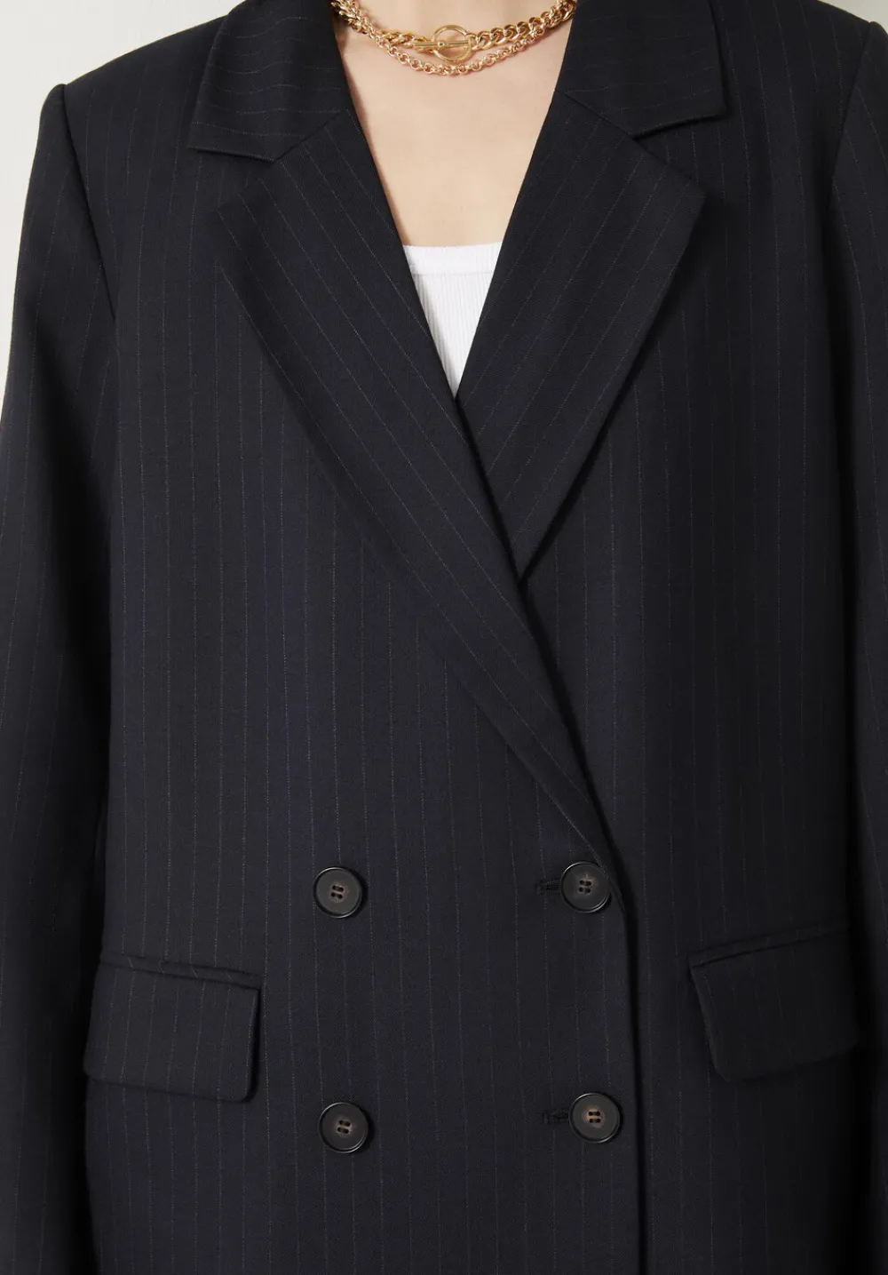 hush Jackets & Coats|Double Breasted Pinstripe Wool Blend Blazer Midnight Navy