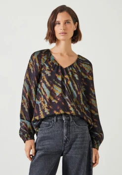 hush Shirts & Blouses|Elise Printed V-Neck Blouse Diagonal Tie Dye Green