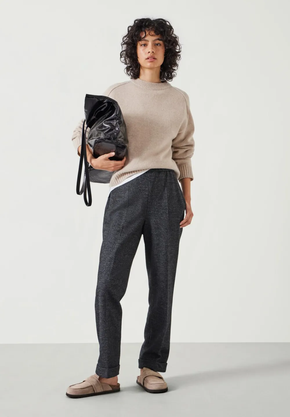 hush Trousers|Eliz Slim Wool Blend Check Trousers Charcoal Marl