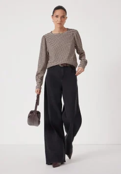 hush Tops & T-Shirts|Emily Gingham Puff Sleeve Top Taupe Brown