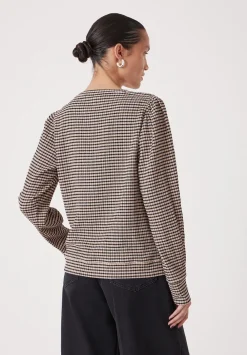 hush Tops & T-Shirts|Emily Gingham Puff Sleeve Top Taupe Brown