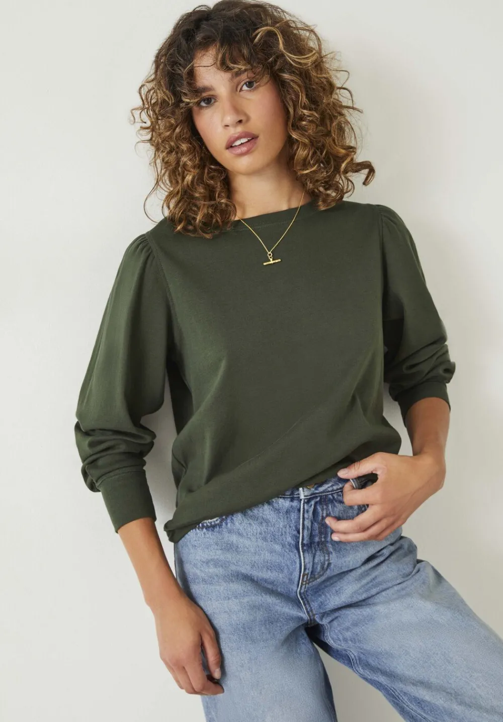hush Tops & T-Shirts|Emily Puff Sleeve Cotton Jersey Top Khaki Green