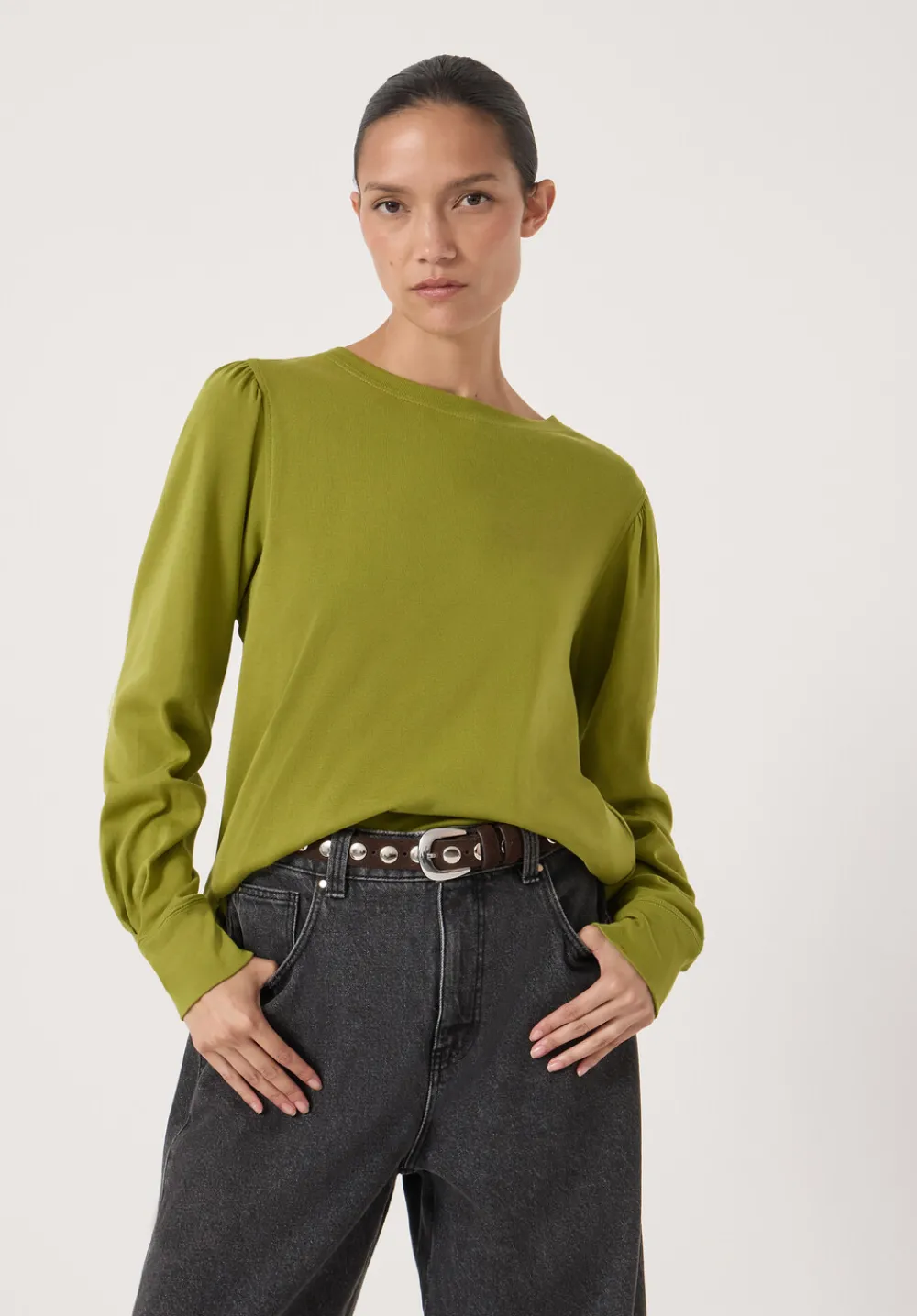 hush Tops & T-Shirts|Emily Puff Sleeve Cotton Jersey Top Olive Green