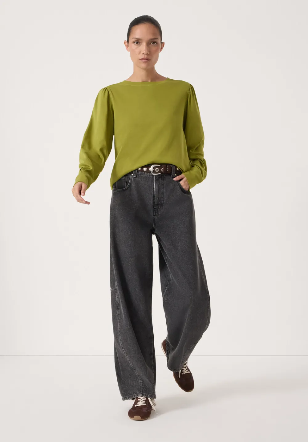 hush Tops & T-Shirts|Emily Puff Sleeve Cotton Jersey Top Olive Green
