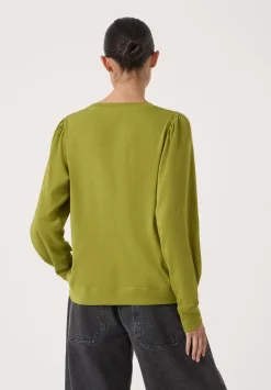 hush Tops & T-Shirts|Emily Puff Sleeve Cotton Jersey Top Olive Green