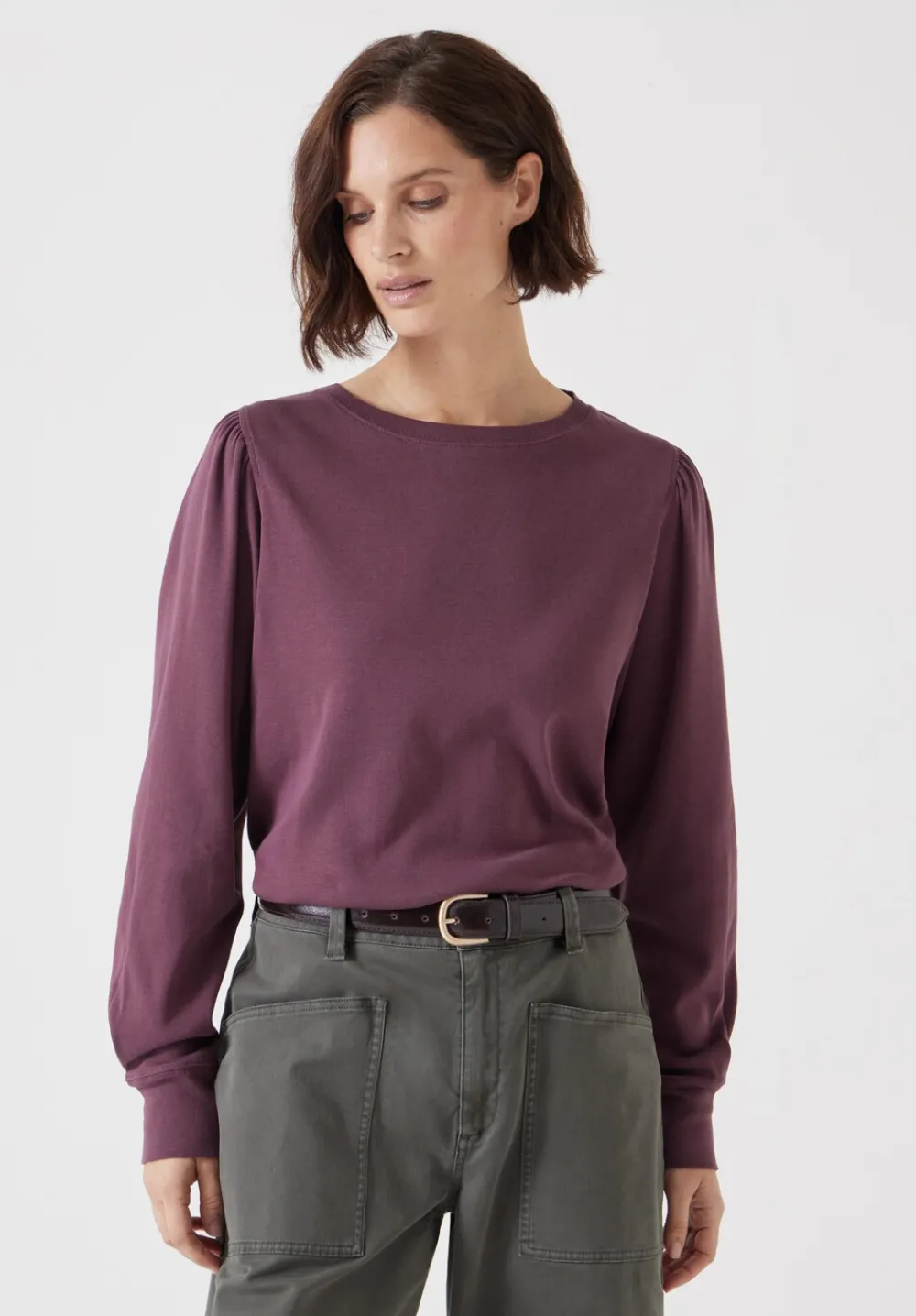 hush Tops & T-Shirts|Emily Puff Sleeve Cotton Jersey Top Wine Red