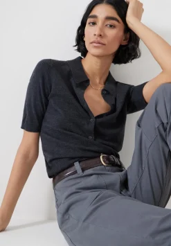 hush Tops & T-Shirts|Jumpers & Cardigans|Fine Knit Short Sleeve Polo Top Charcoal Marl