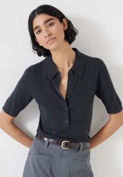 hush Tops & T-Shirts|Jumpers & Cardigans|Fine Knit Short Sleeve Polo Top Charcoal Marl