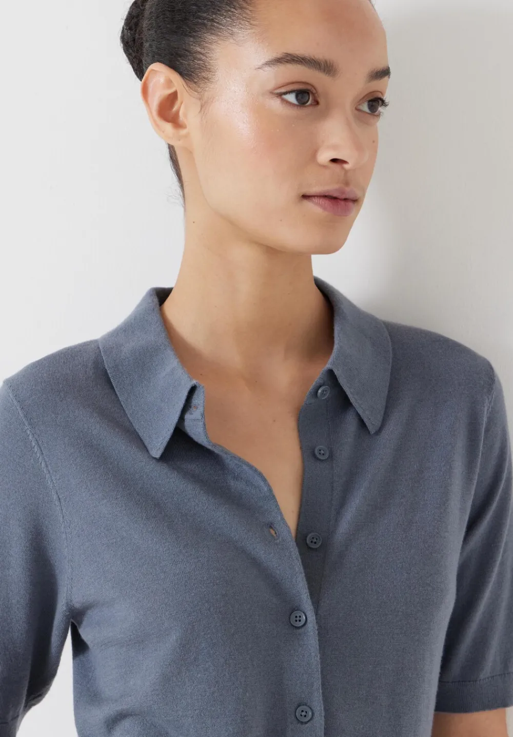 hush Tops & T-Shirts|Jumpers & Cardigans|Fine Knit Short Sleeve Polo Top Stormy Blue