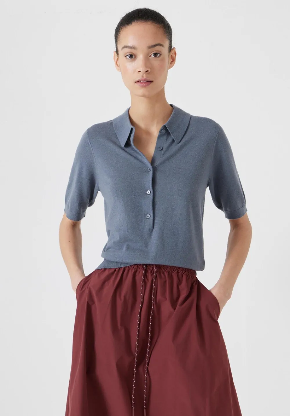 hush Tops & T-Shirts|Jumpers & Cardigans|Fine Knit Short Sleeve Polo Top Stormy Blue