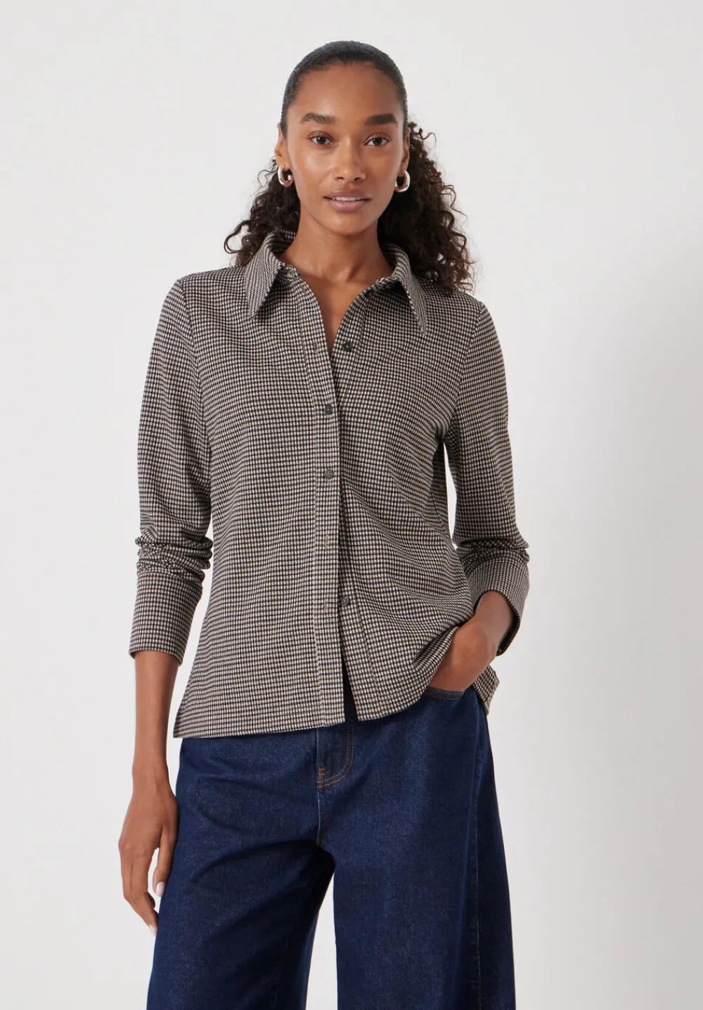 hush Tops & T-Shirts|Fitted Check Jersey Shirt Brown Check
