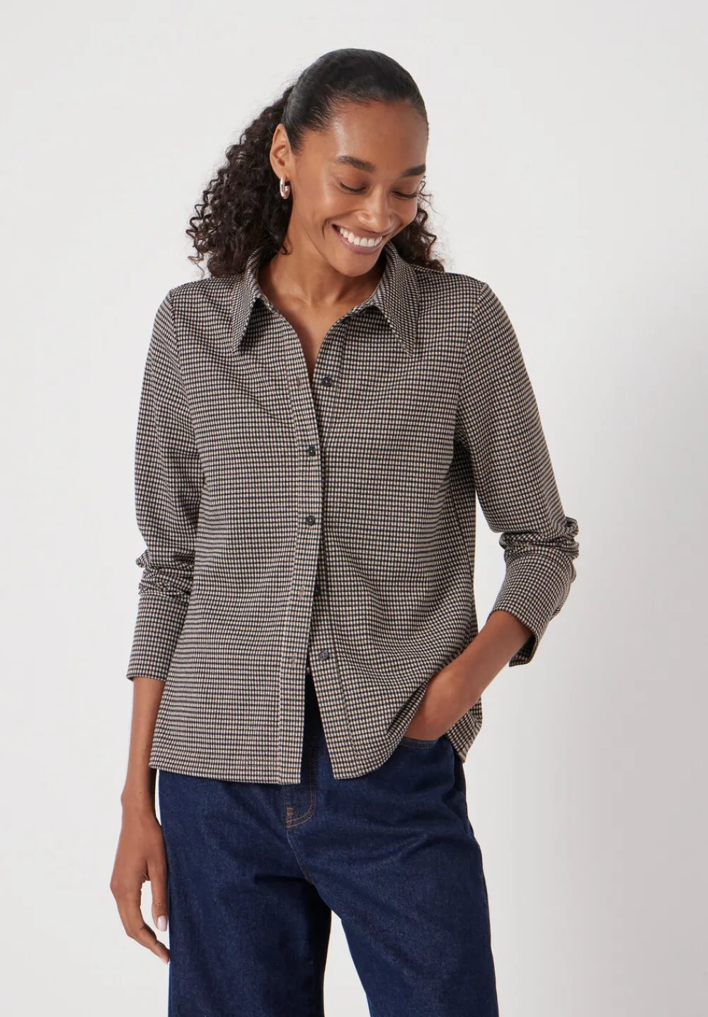 hush Tops & T-Shirts|Fitted Check Jersey Shirt Brown Check