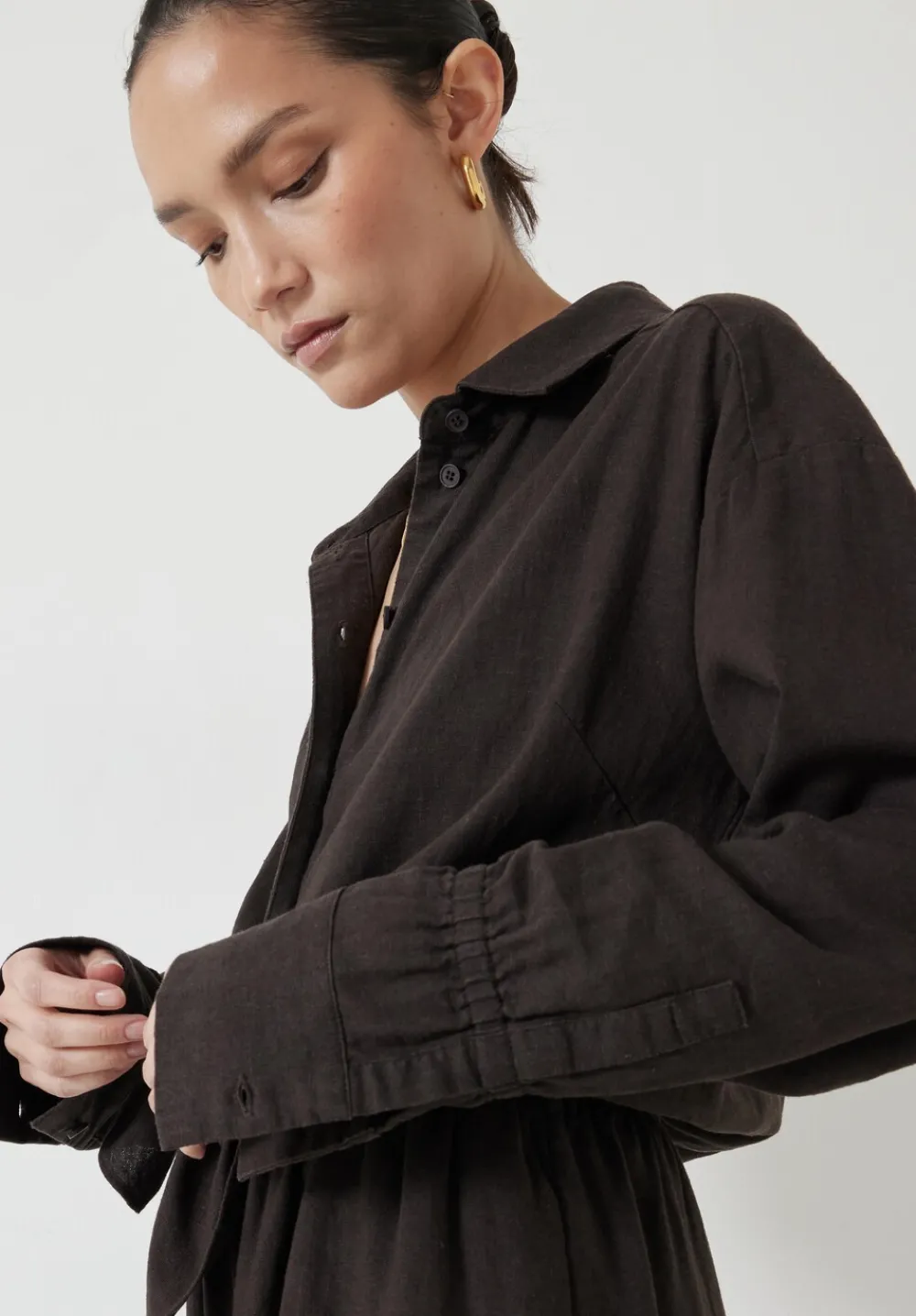 hush Dresses|Front Bow Linen Blend Maxi Shirt Dress Chocolate brown