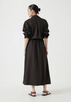 hush Dresses|Front Bow Linen Blend Maxi Shirt Dress Chocolate brown