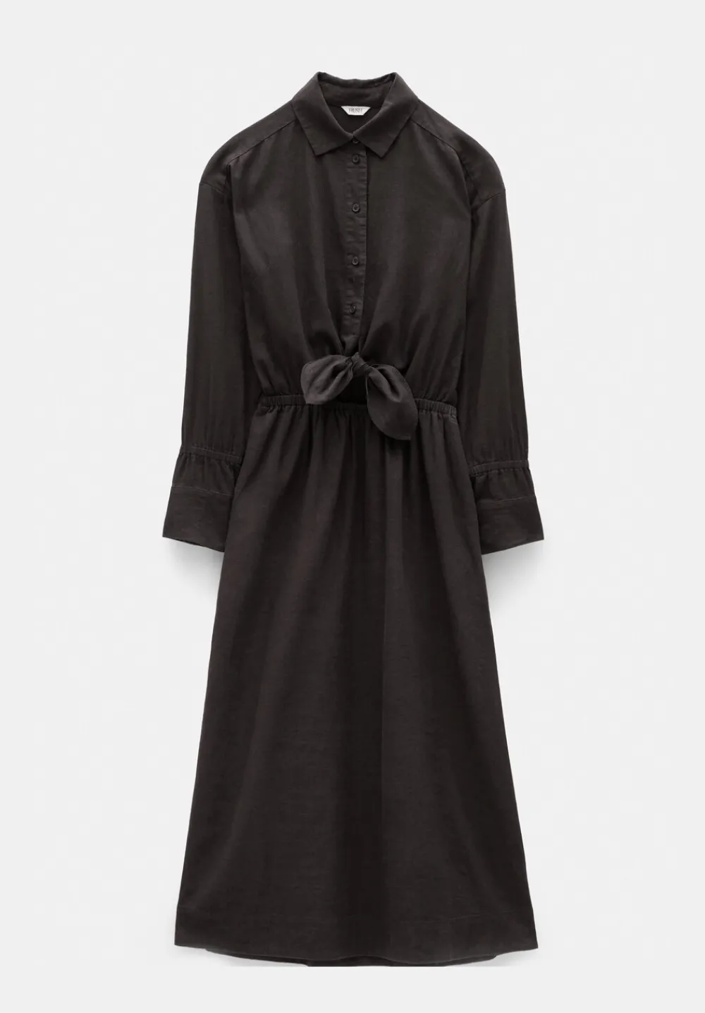 hush Dresses|Front Bow Linen Blend Maxi Shirt Dress Chocolate brown