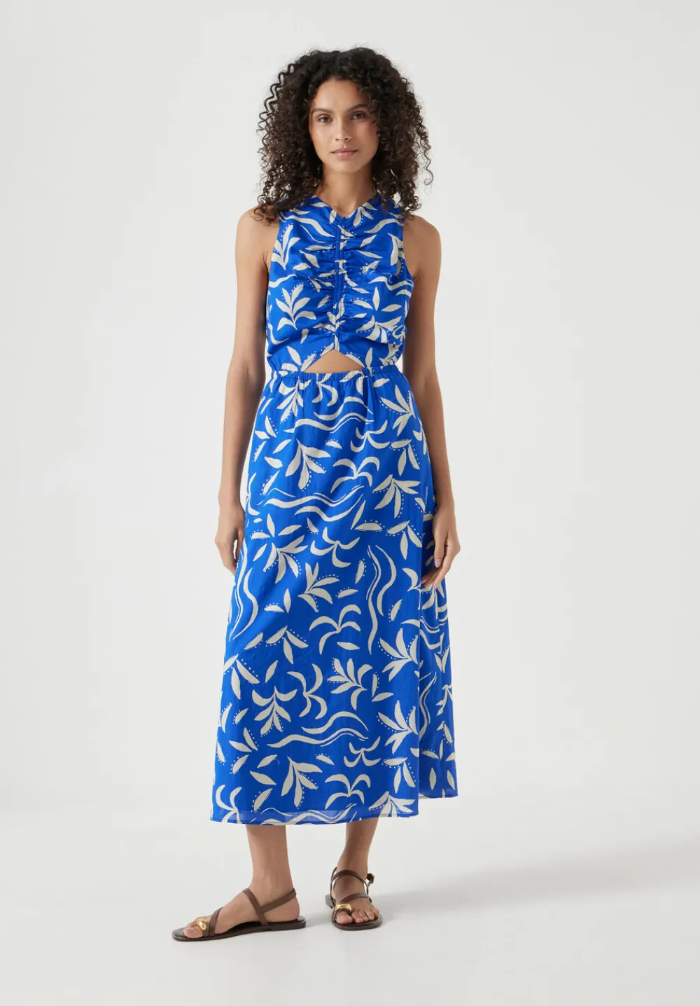 hush Dresses|Front Gathered Cotton Dress Abstract Palm Blue