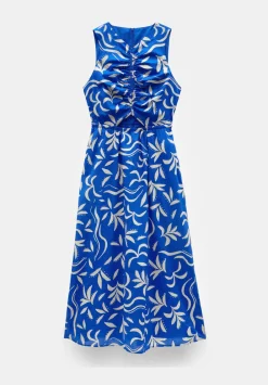 hush Dresses|Front Gathered Cotton Dress Abstract Palm Blue