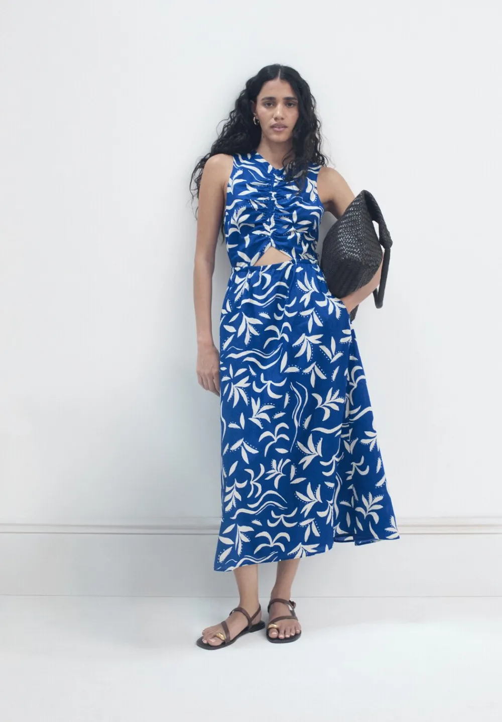 hush Dresses|Front Gathered Cotton Dress Abstract Palm Blue