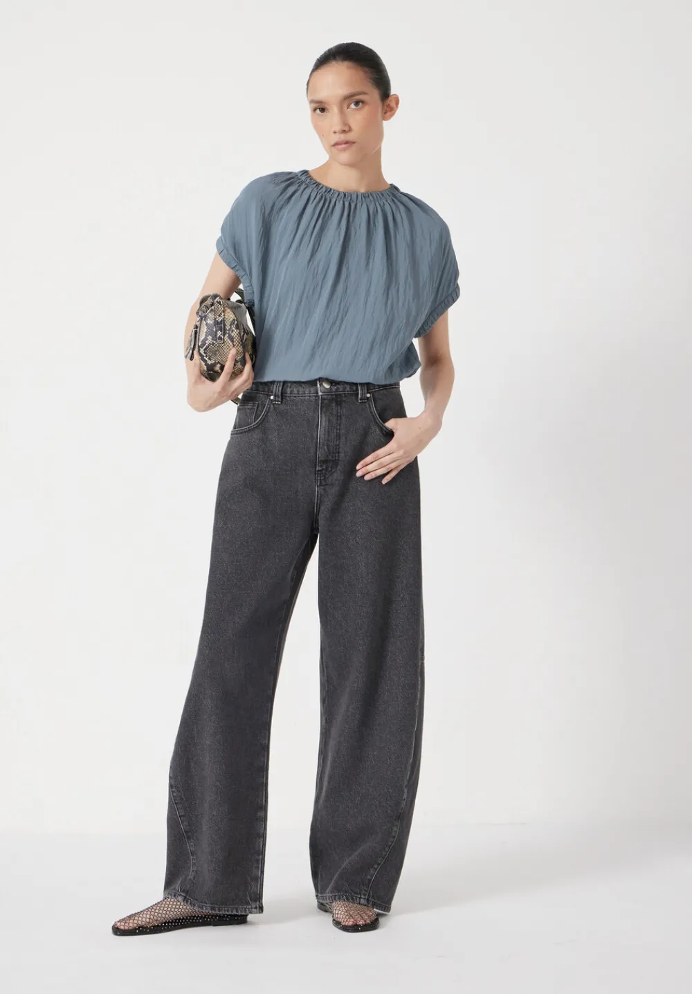 hush Tops & T-Shirts|Shirts & Blouses|Gathered Crew Neck Detail Top Stormy Blue