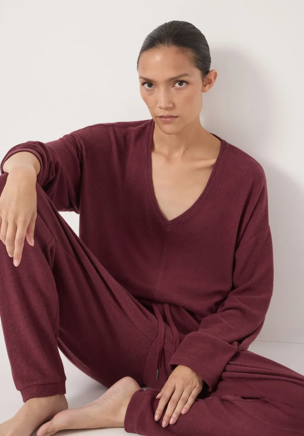hush Tops & T-Shirts|Pyjamas & Nightwear|Gillian Supersoft V Neck Top Burgundy Purple